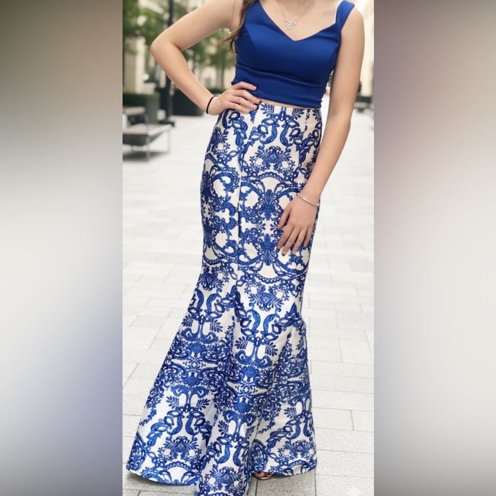 Elegant Blue and White Lace Gown